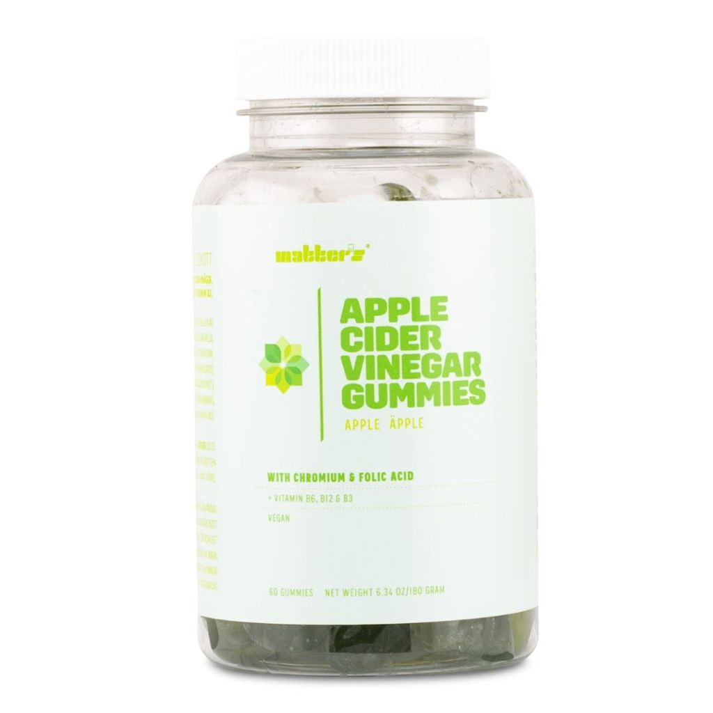 Matters vitamingummier med æblecidereddike, B-vitaminer og krom i en gennemsigtig beholder.