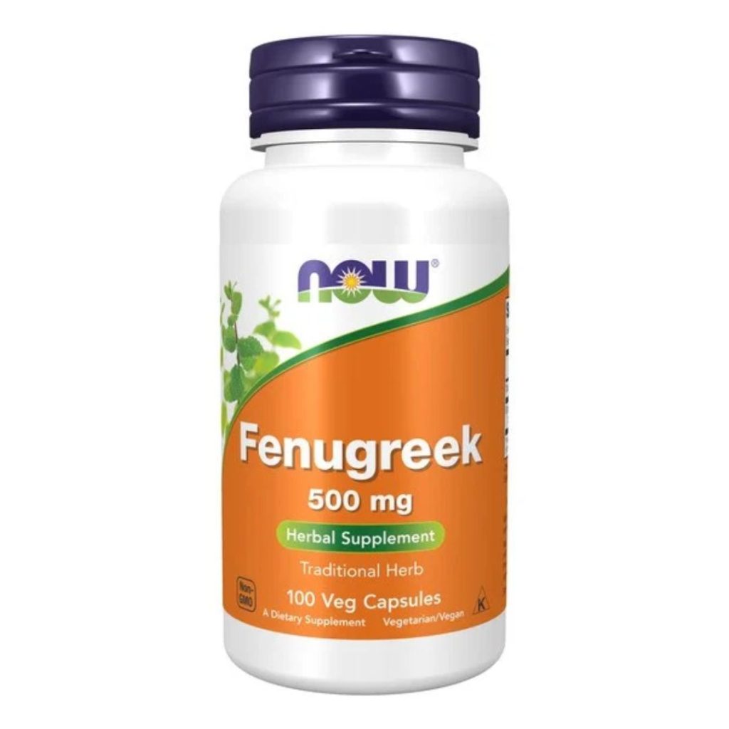 NOW Fenugreek 500 mg kosttilskud i orange beholder, veganske kapsler.
