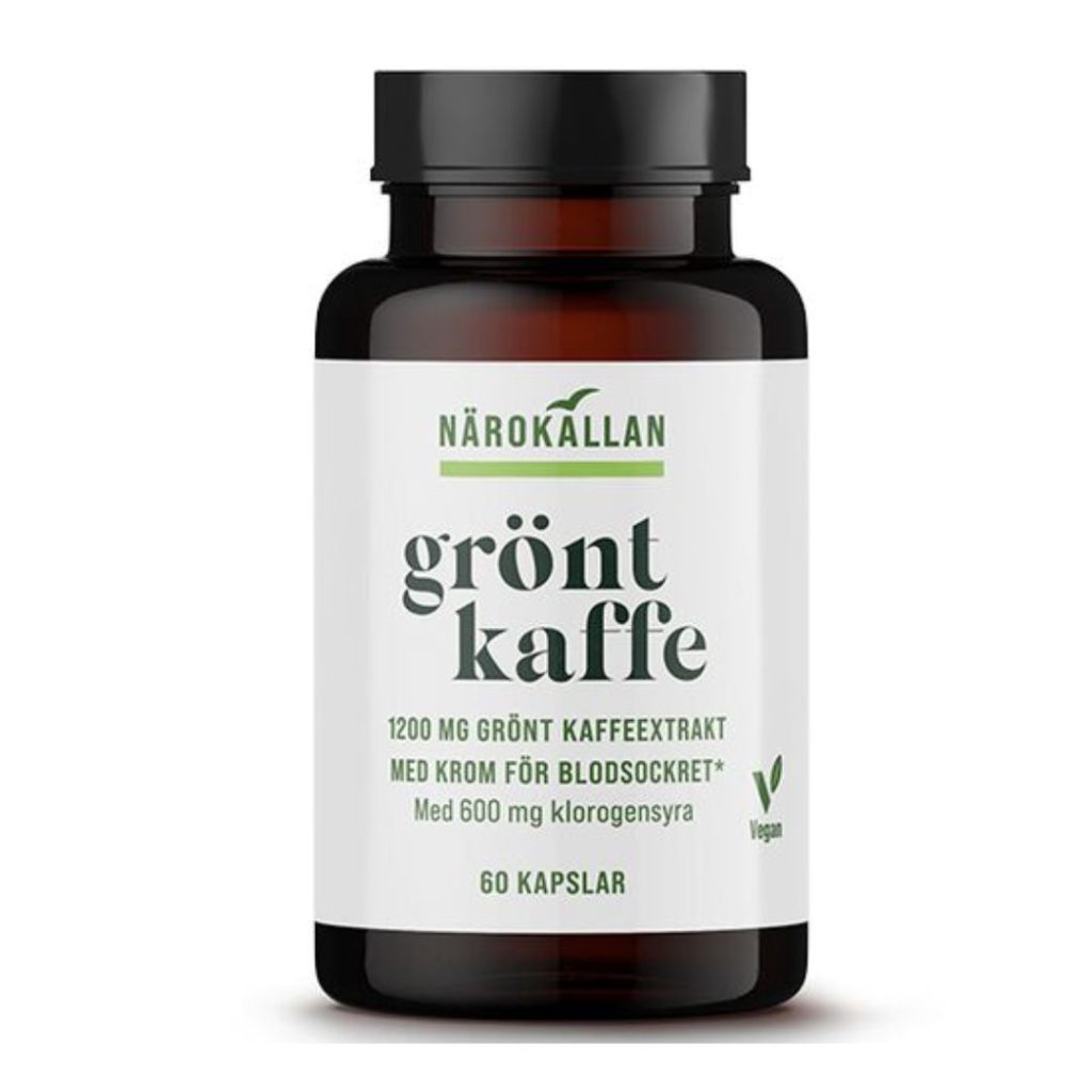 En flaske Närokällan Grøn Kaffe & Chrom med klar tekst om blodsukkerstabilisering.