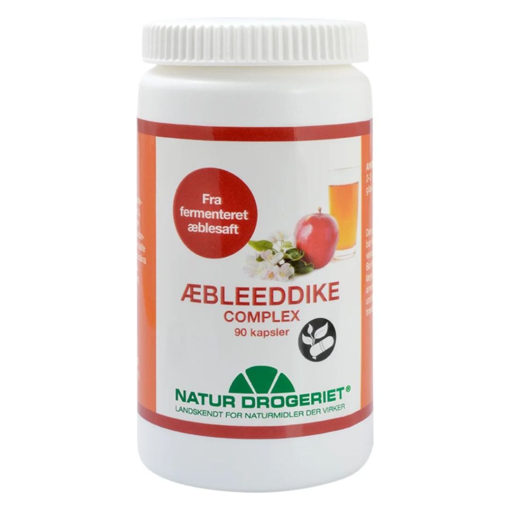 Natur-Drogeriet Æbleeddike Complex i en hvid beholder med orange etiket.