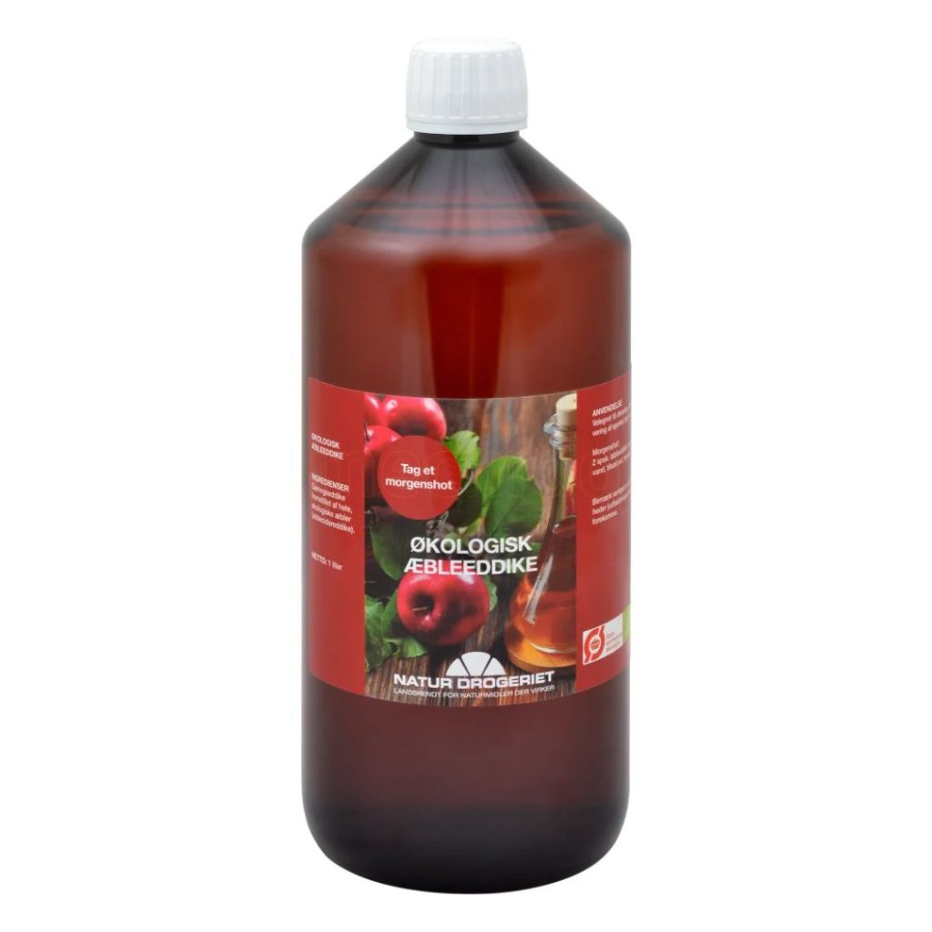 Natur-Drogeriet Økologisk Æbleeddike i en brun plastflaske med rød etiket.