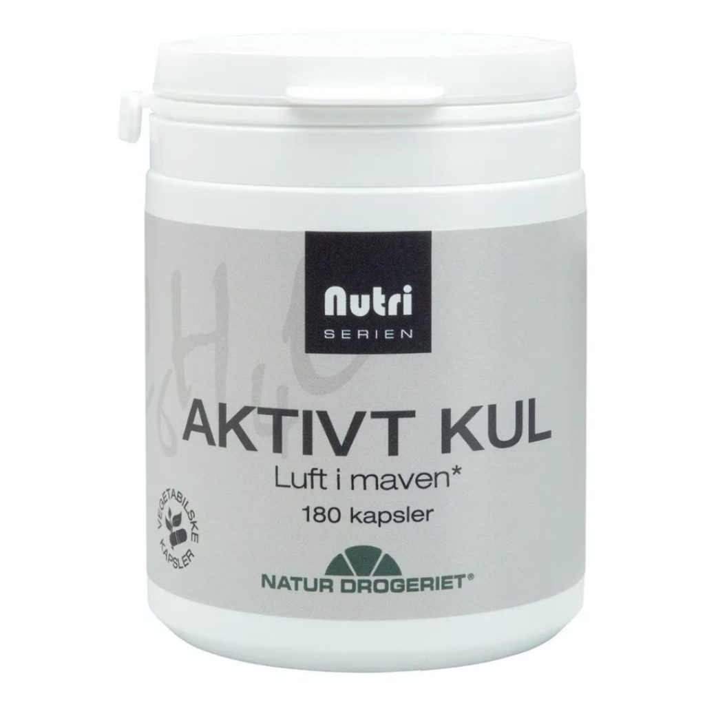 Natur-Drogeriet Aktivt Kul kapsler i en hvid beholder med 180 vegetabilske kapsler.