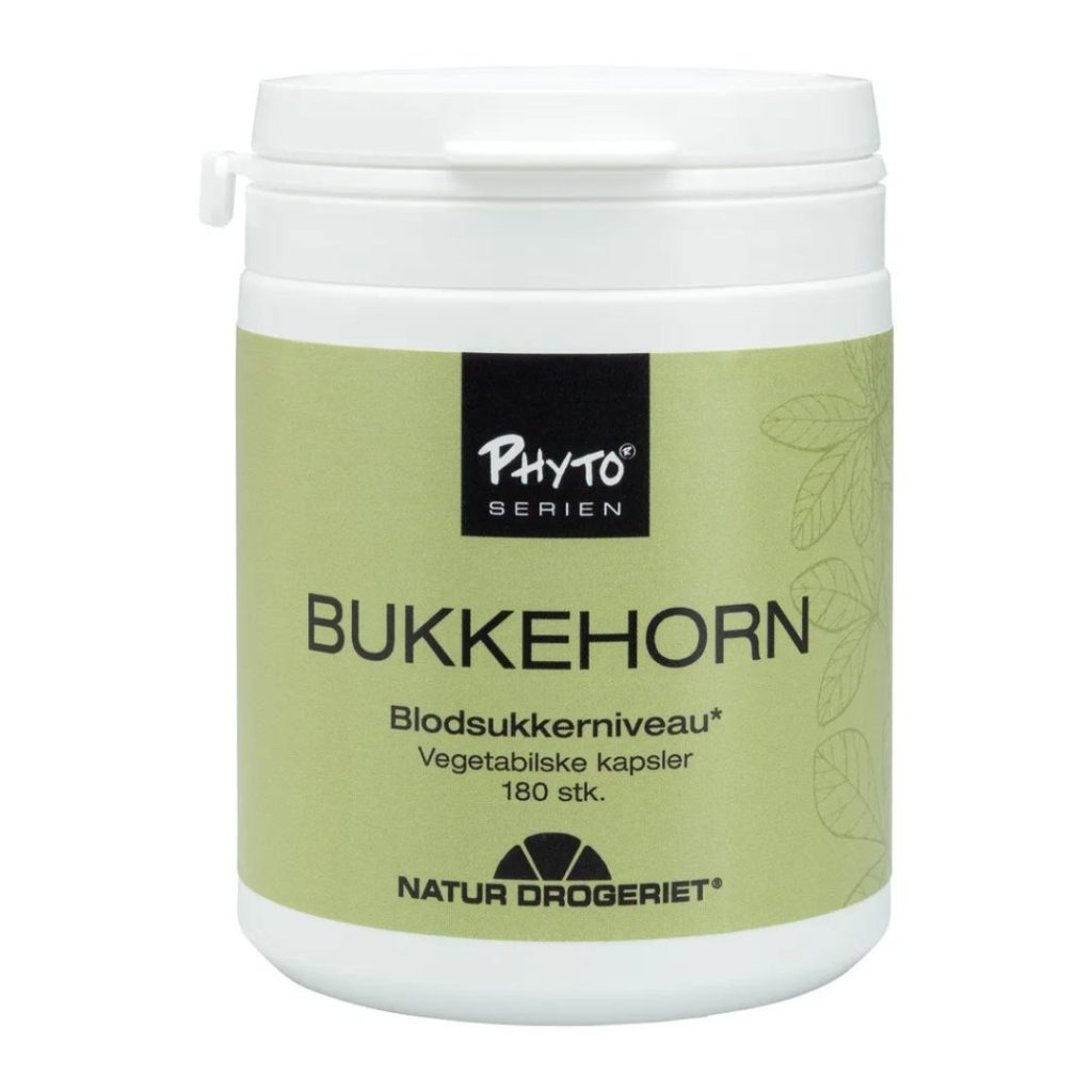 Natur-Drogeriet Bukkehorn i hvid beholder med grøn etiket og fokus på blodsukkerniveau.