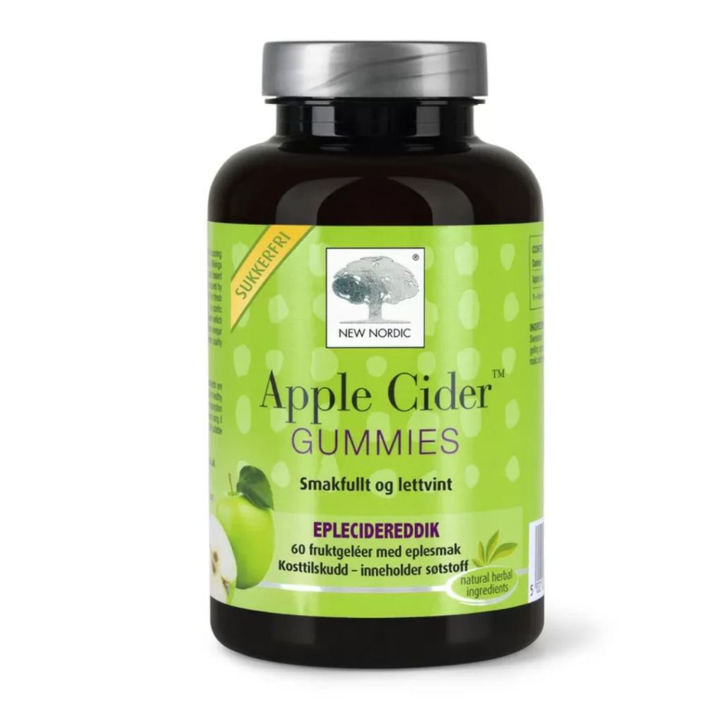 New Nordic Apple Cider Gummies i en grøn beholder med æblesymboler.
