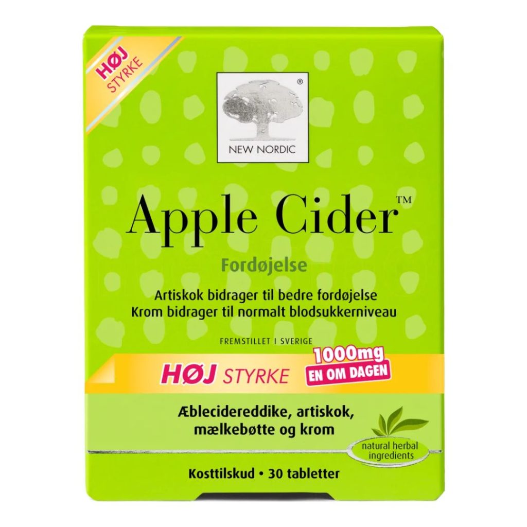 New Nordic Apple Cider Tablets i en grøn æske med hvide prikker.