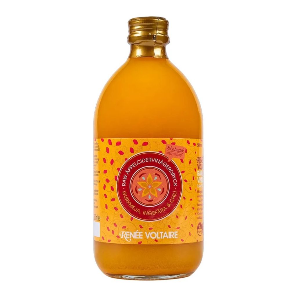 Flaske med Renée Voltaire Æblecidereddike med gurkemeje, ingefær og chili, 500 ml.