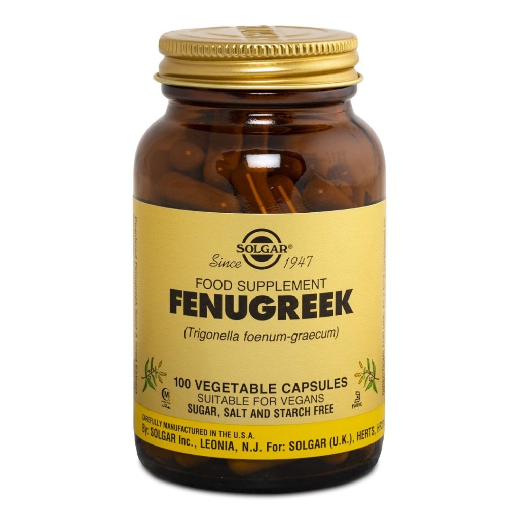 Solgar Fenugreek kosttilskud i brun glasbeholder med gul etiket.