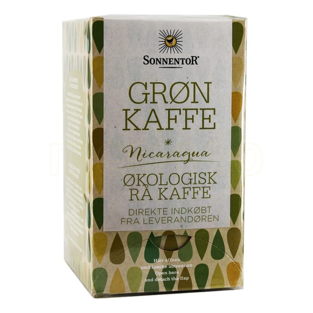Sonnentor Grøn Kaffe i en dekorativ papæske, der fremhæver økologisk oprindelse.