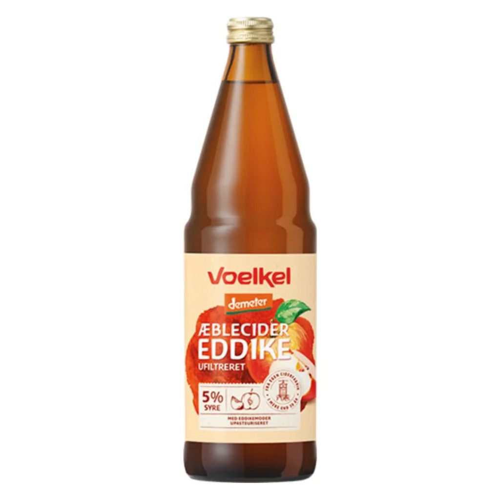 Flaske Voelkel ufiltreret økologisk æblecidereddike med naturlig moder og 5% syre.