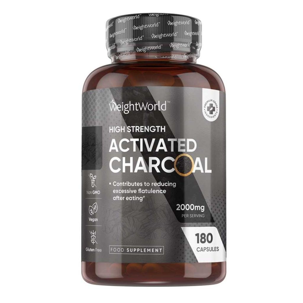 WeightWorld Aktivt Kul kapsler i en brun beholder med 180 højstyrke kapsler.
