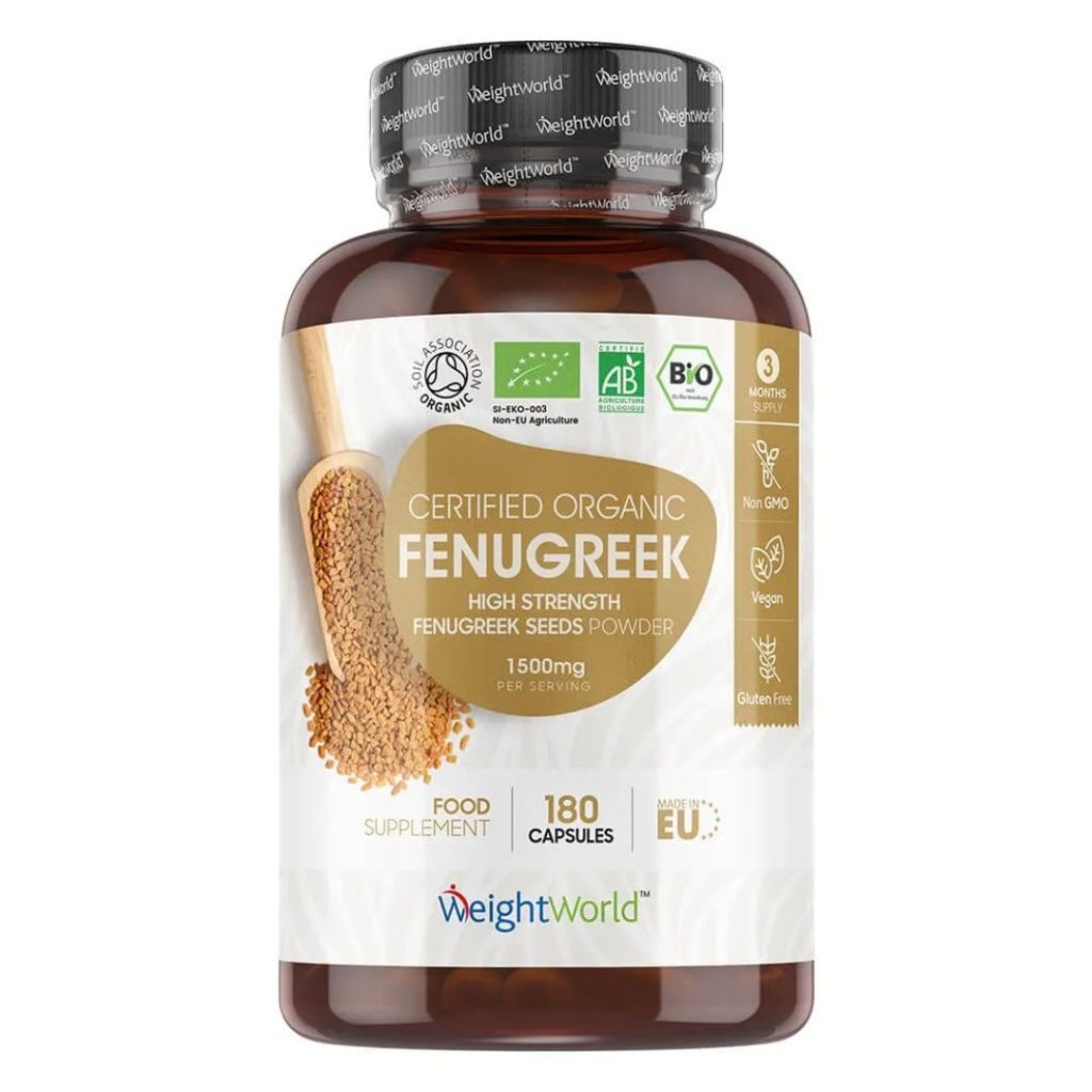 WeightWorld Økologisk Bukkehornsfrø 1500 mg i gennemsigtig brun beholder med grønne detaljer.
