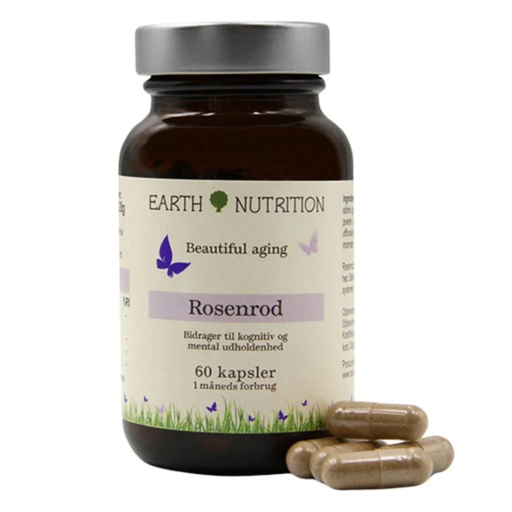 Glas med Earth Nutrition Rosenrod – Beautiful Aging, et kosttilskud med adaptogene urter i vegetabilske kapsler.