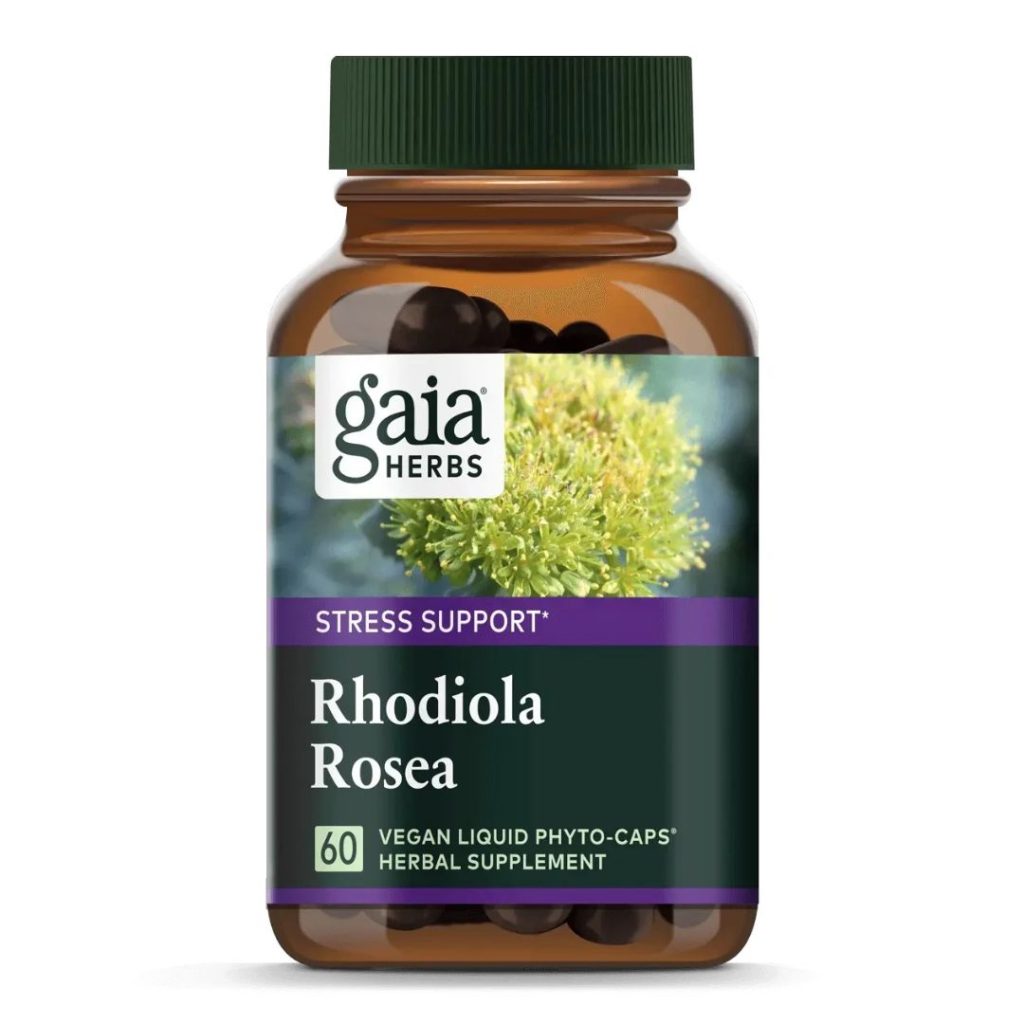 Brun glasbeholder med grøn skruelåg, indeholdende Gaia Herbs Rhodiola Rosea kosttilskud.