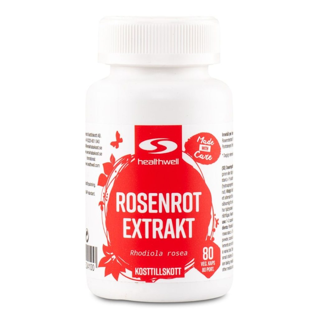 Hvid plastbeholder med rød etiket, Healthwell Rosenrod Ekstrakt, et kosttilskud med Rhodiola rosea.