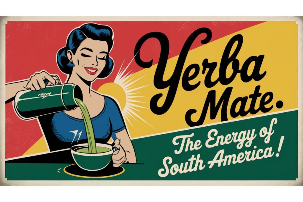 En retro-stil reklame for yerba mate, hvor en kvinde med blå hår hælder grøn mate-te fra en termokande i en kop. Baggrunden har røde, gule og grønne farver med teksten "Yerba Mate - The Energy of South America!"