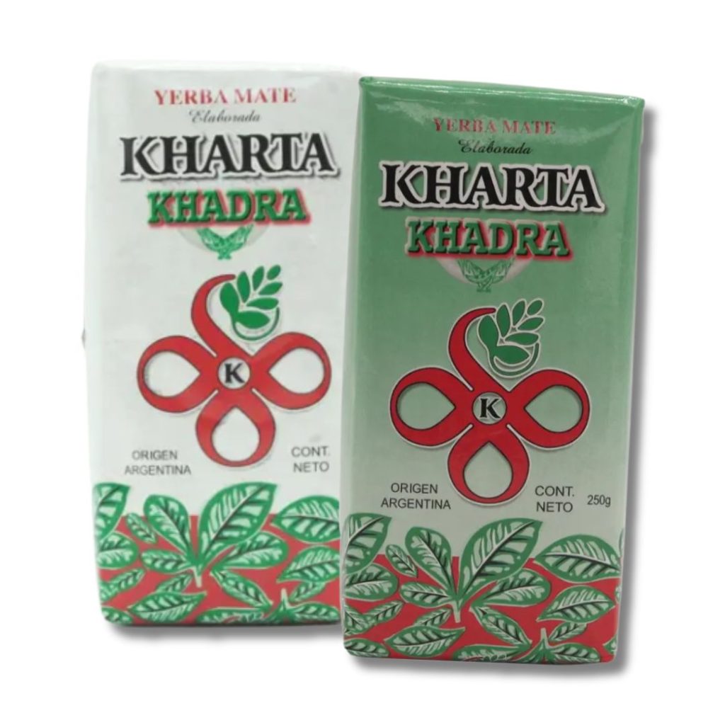 En grøn og hvid pakke med argentinsk yerba mate-branding.