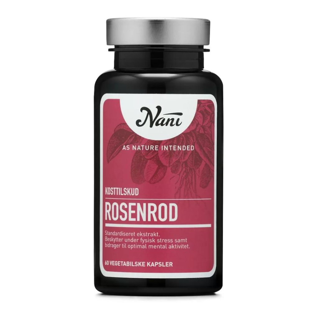 Sort glasbeholder med rød etiket, Nani Rosenrod, et kosttilskud med standardiseret rosenrod-ekstrakt.