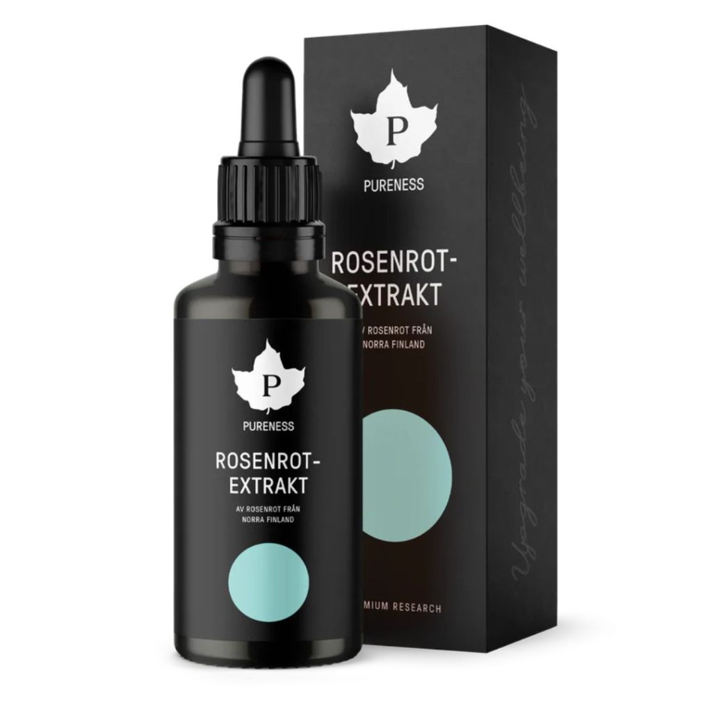 Sort flaske med pipette, Pureness Rosenrod-ekstrakt, en flydende formulering fra rosenrod dyrket i Nordfinland.