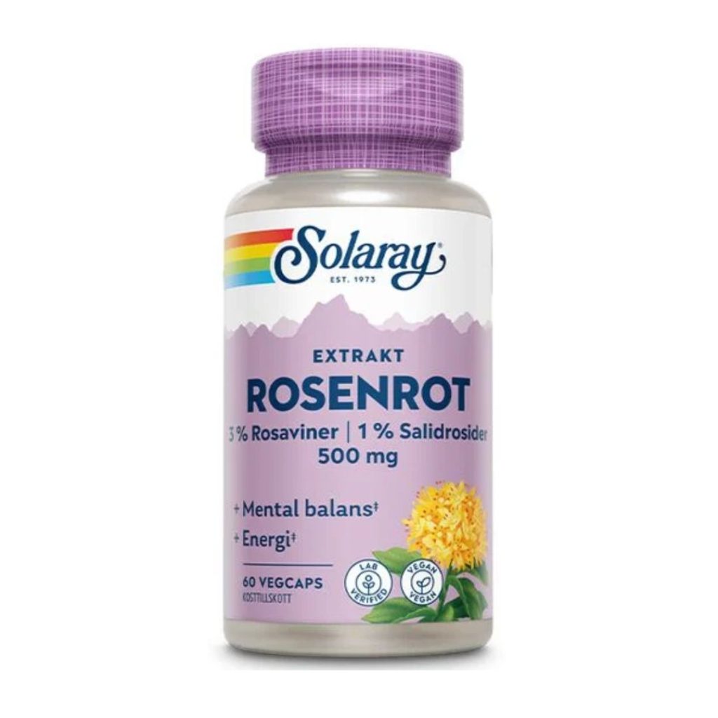 Glasbeholder med lilla låg og etiket, Solaray Rosenrod-ekstrakt, et kosttilskud med 500 mg rosenrod pr. kapsel.