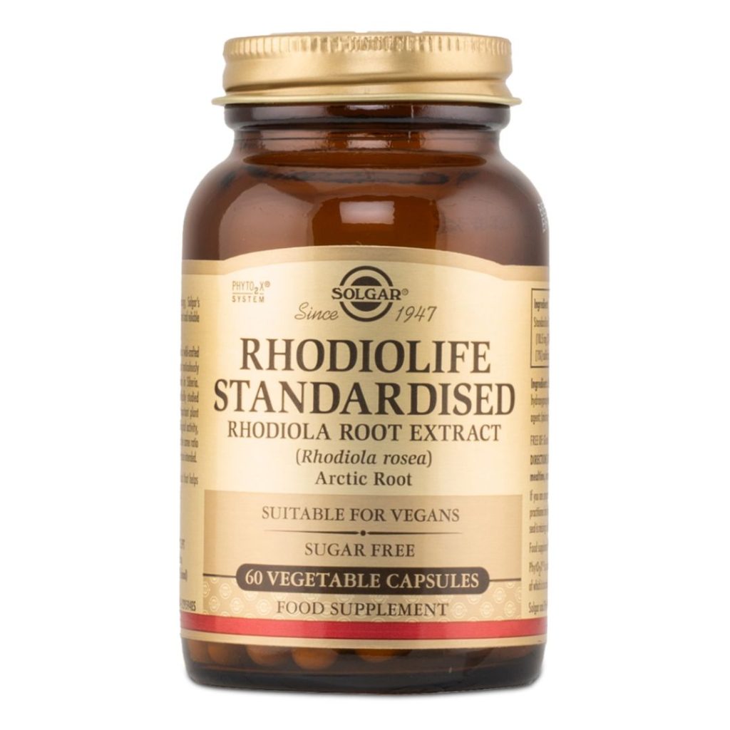 Brun glasbeholder med gyldent låg, Solgar Rhodiola Root Extract, et standardiseret arktisk rosenrod-ekstrakt.
