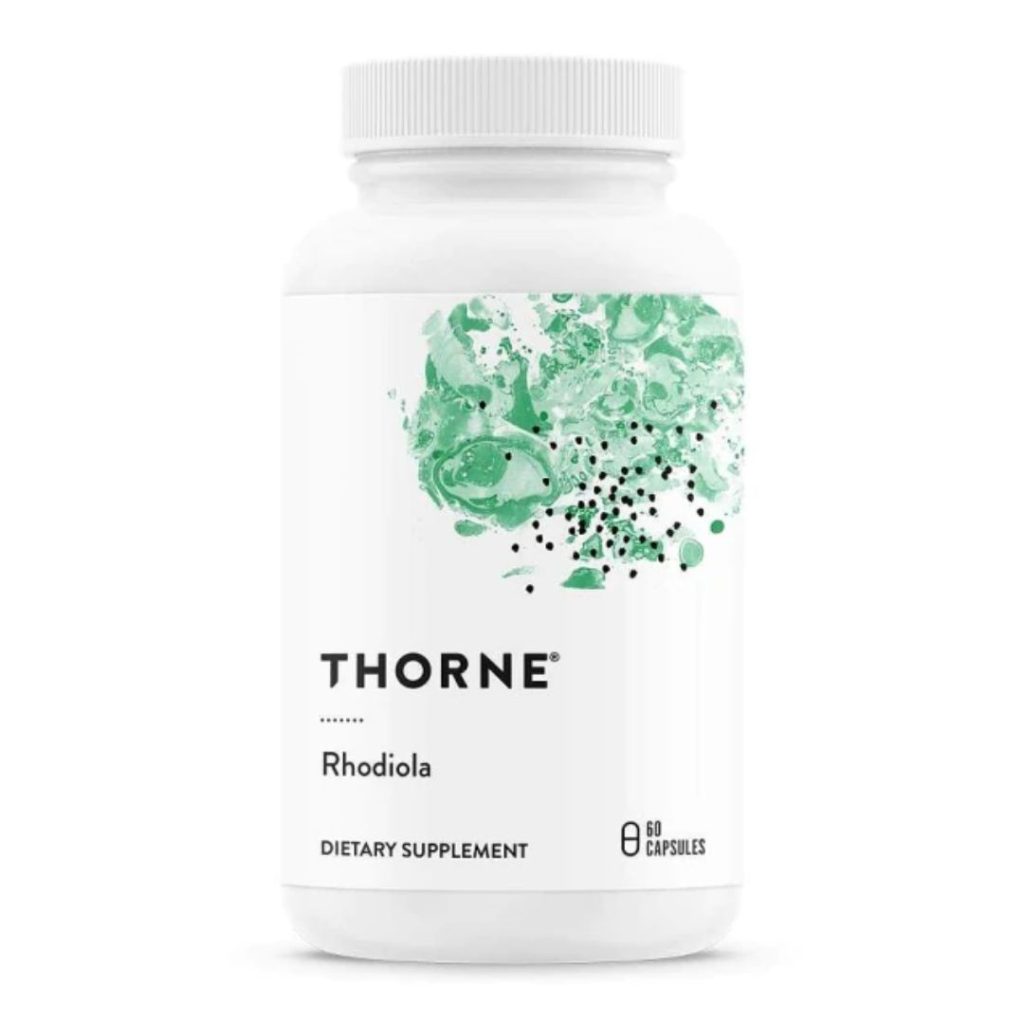 Hvid plastbeholder med grøn abstrakt grafik, Thorne Rhodiola, et kosttilskud med rosenrod.