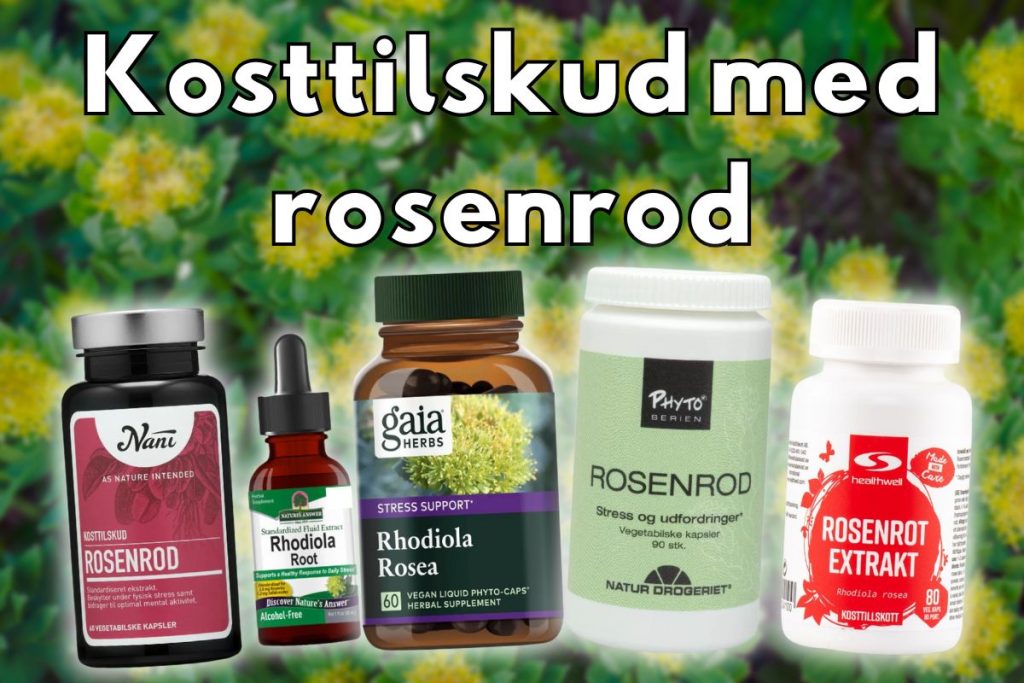 En samling af forskellige rosenrod-kosttilskud fra forskellige mærker, med teksten "Kosttilskud med rosenrod".