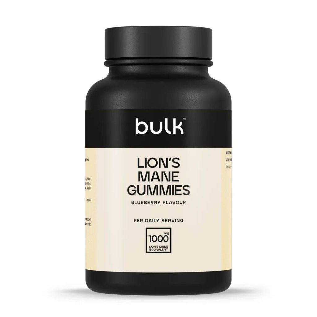 Bøtte med Bulk Lion’s Mane Gummies, blåbærsmag, indeholder 1000 mg svampeækvivalent pr. daglig dosis.