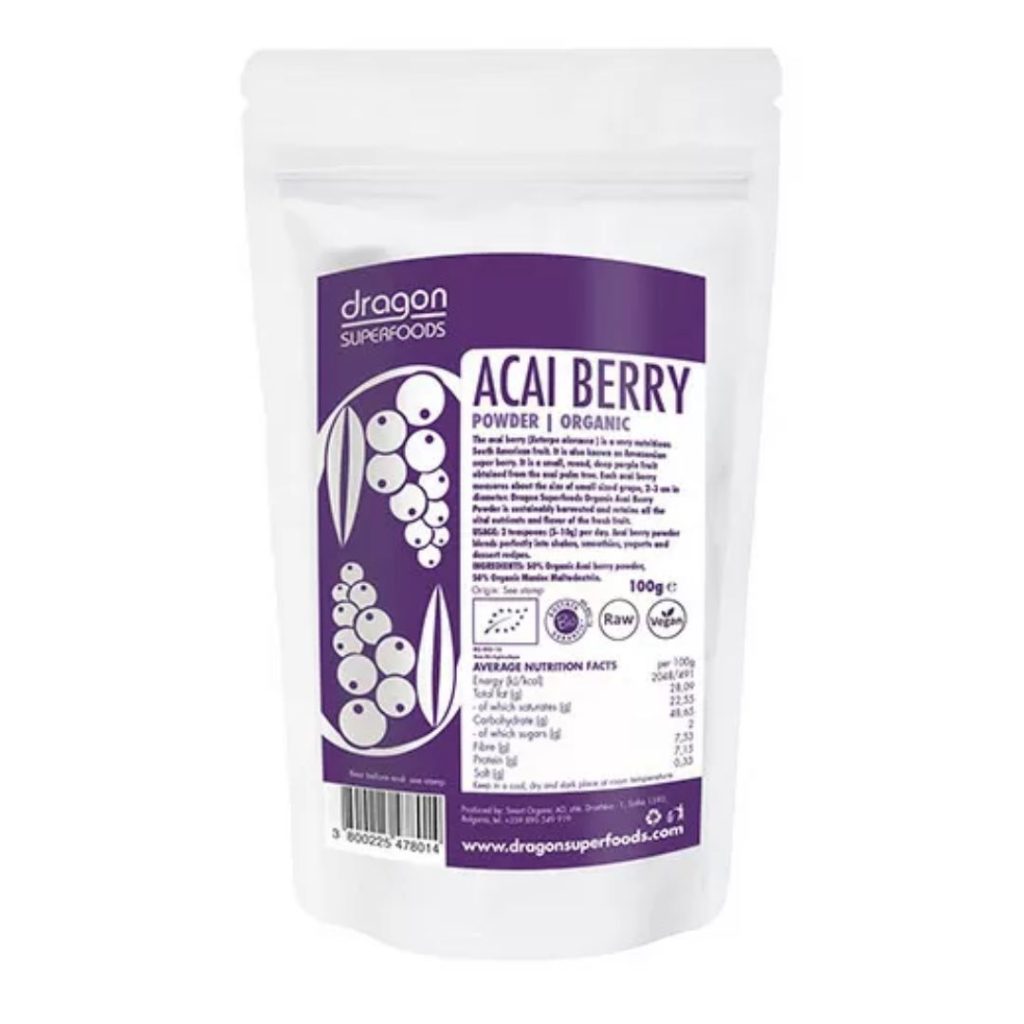 Dragon Superfoods Acai Berry Powder i lilla og hvid emballage.