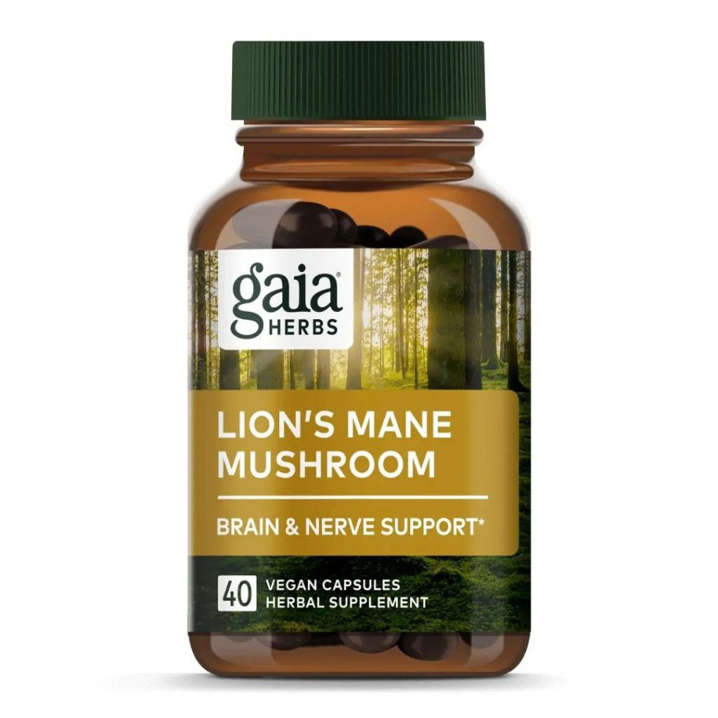 Brunglasbøtte med Gaia Herbs Lion’s Mane Mushroom, veganske kapsler til hjerne- og nervesystemstøtte.