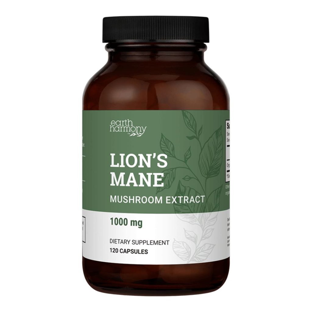 Brunglasbøtte med Earth Harmony Lion’s Mane Mushroom Extract, 1000 mg pr. portion.