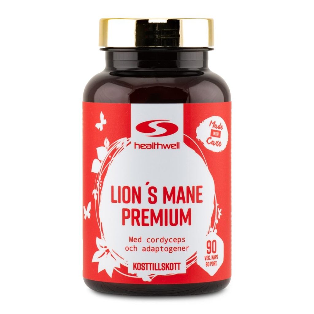 Sort-rød bøtte med Healthwell Lion’s Mane Premium, beriget med adaptogener og cordyceps.
