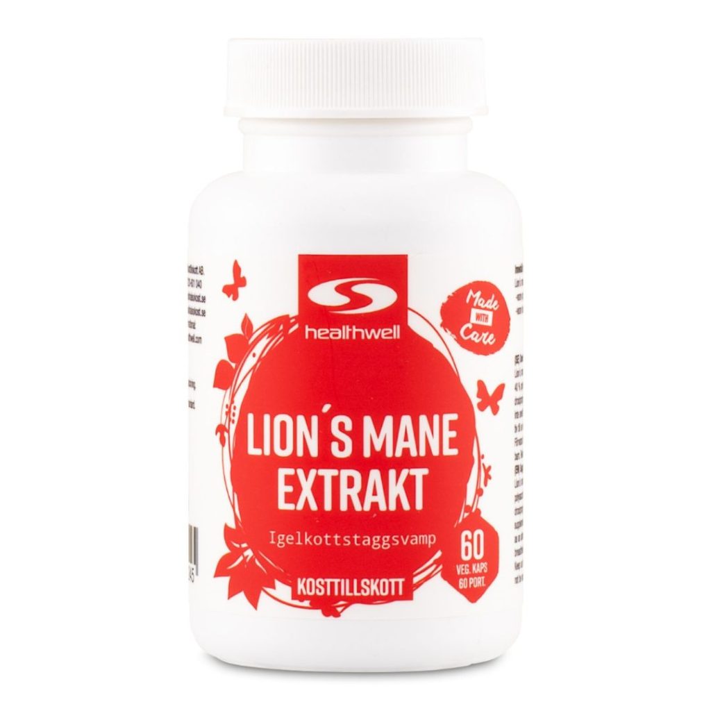 Hvid bøtte med Healthwell Lion’s Mane Ekstrakt, veganske kapsler med ekstrakt fra igelkottstaggsvamp.