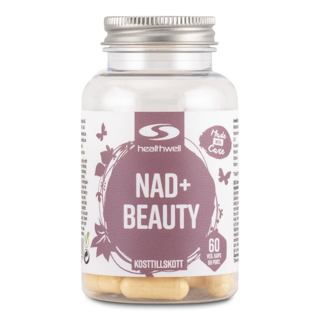 En flaske med Healthwell NAD+ NAC+ Q10 Beauty kosttilskud.