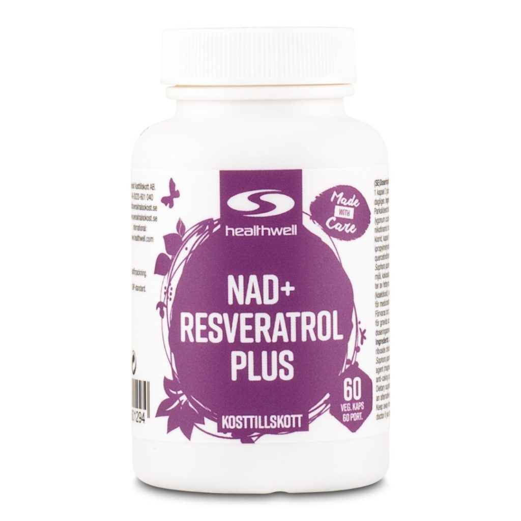 En flaske med Healthwell NAD+ Resveratrol Plus kosttilskud.