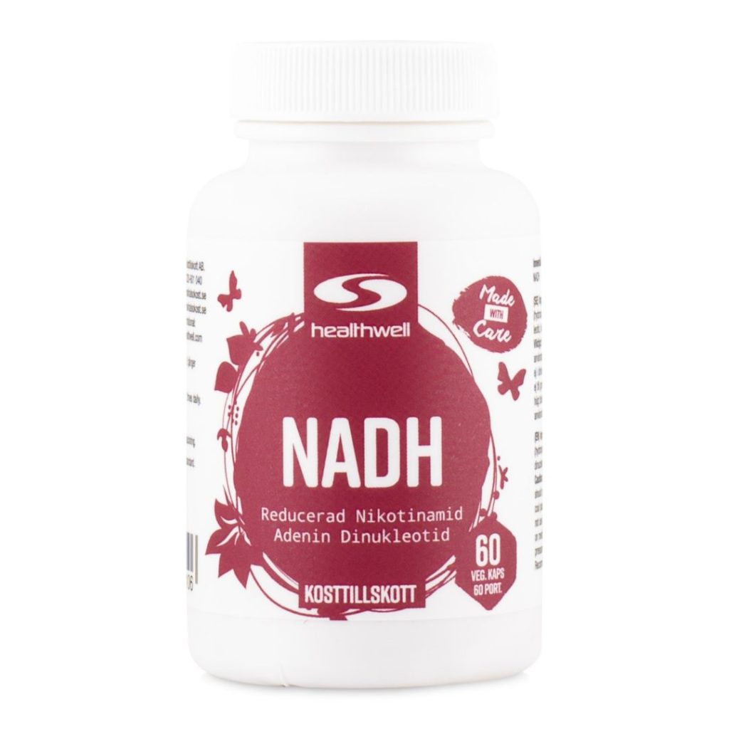 En flaske med Healthwell NADH kosttilskud.