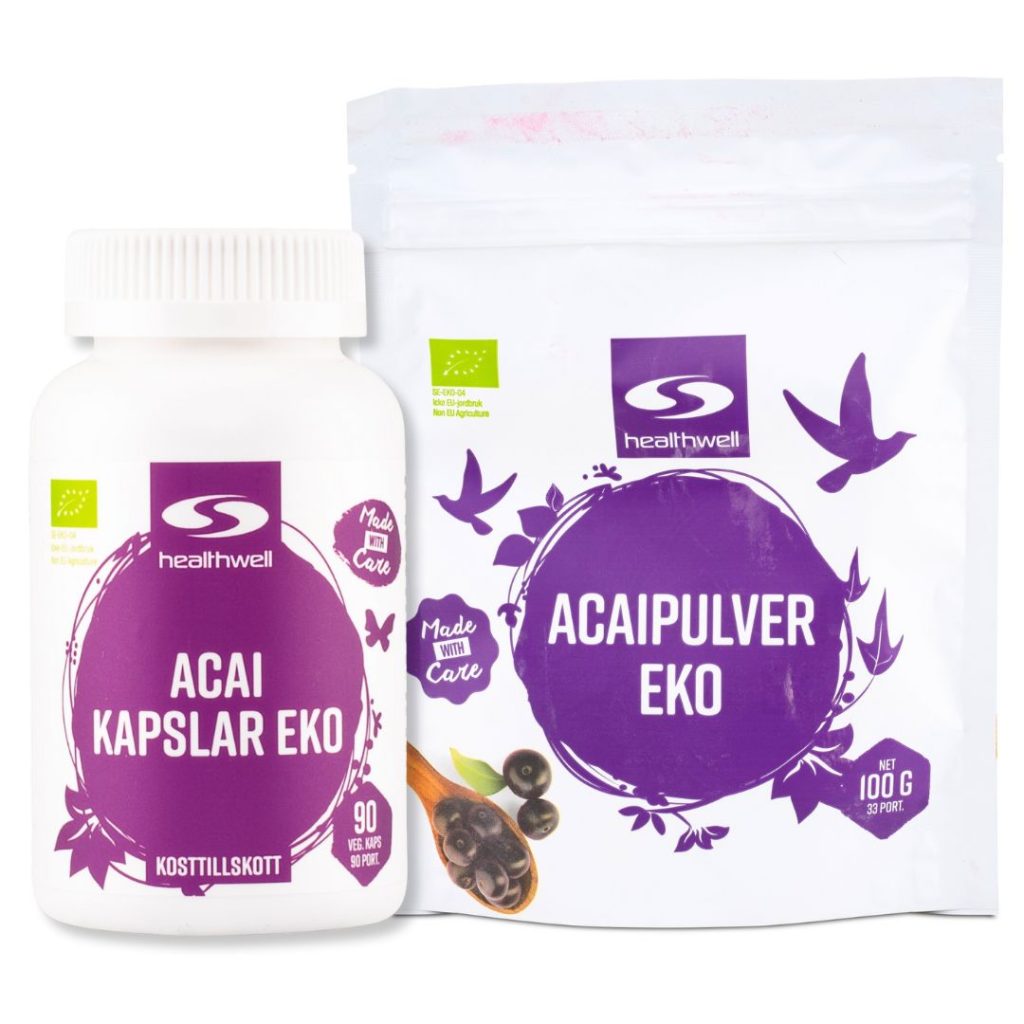 Healthwell acai kapsler og acaipulver side om side.