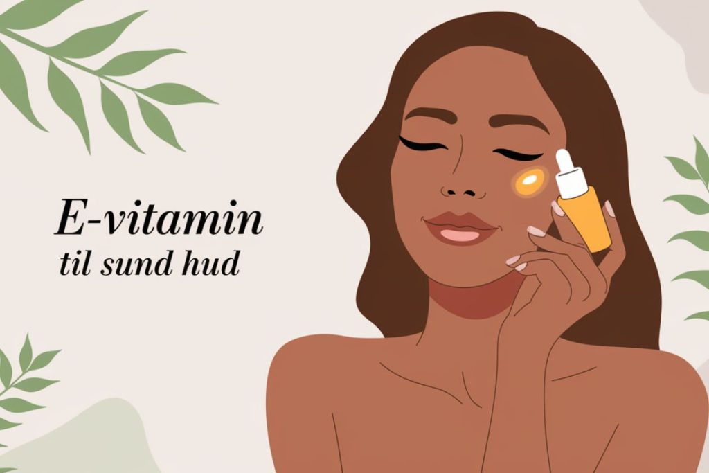 Illustration af en kvinde, der påfører E-vitamin olie på kinden, med teksten "E-vitamin til sund hud".