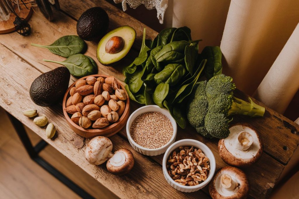 En samling af plantebaserede fødevarer, der understøtter kroppens NAD+-produktion, inklusive avocado, nødder, spinat og quinoa.