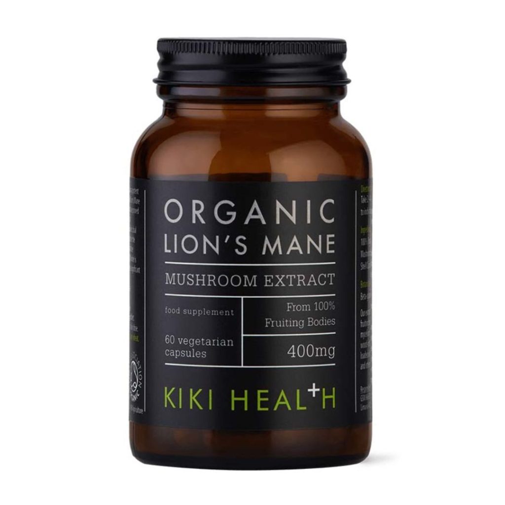 Kiki Health Organic Lion’s Mane Mushroom Extract i mørk glasbøtte, indeholder 400 mg pr. kapsel.