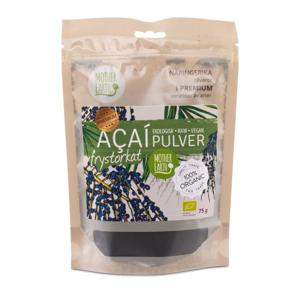 Mother Earth frysetørret acaipulver i økologisk emballage, 75 g.