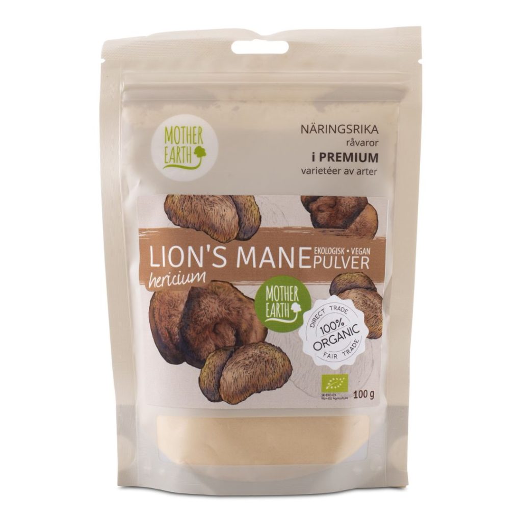 Økologisk Lion’s Mane-pulver fra Mother Earth i en stående pose med gennemsigtig bund.