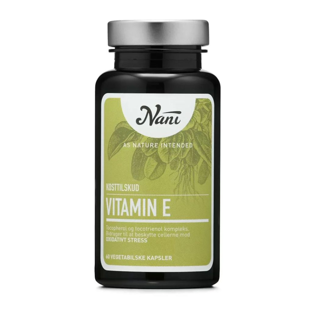Sort glasflaske med grøn etiket, der viser "Nani Vitamin E – 60 vegetabilske kapsler".