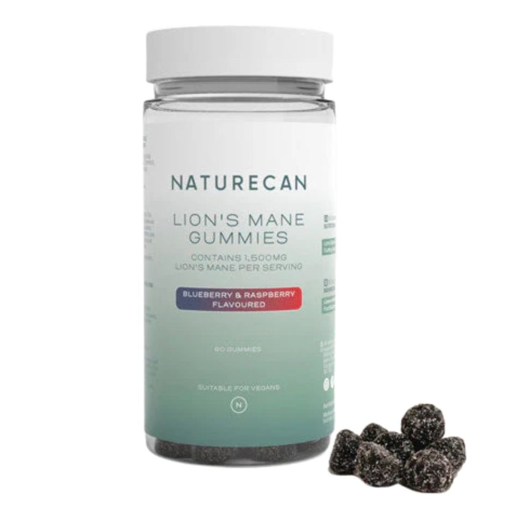 NatureCan Lion’s Mane Gummies med blåbær- og hindbærsmag, indeholder 1500 mg Lion’s Mane pr. vingummi.