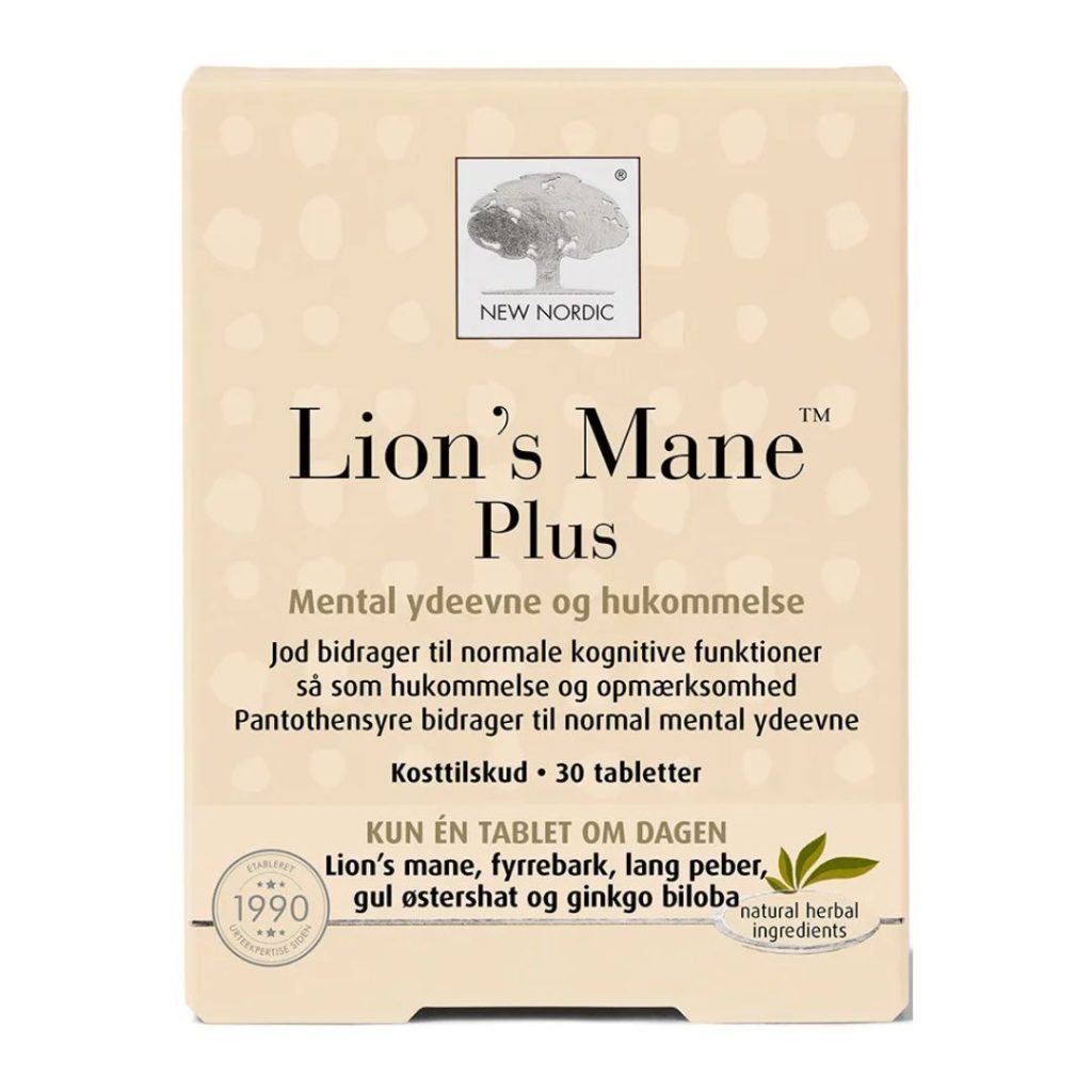 New Nordic Lion’s Mane Plus-tabletter til mental ydeevne og hukommelse, med ekstrakter og B-vitaminer.