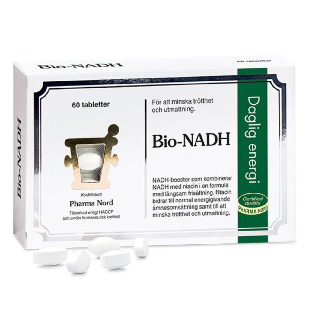 En pakke med Pharma Nord Bio-NADH kosttilskud med 60 tabletter, designet til at reducere træthed og understøtte energiproduktion.