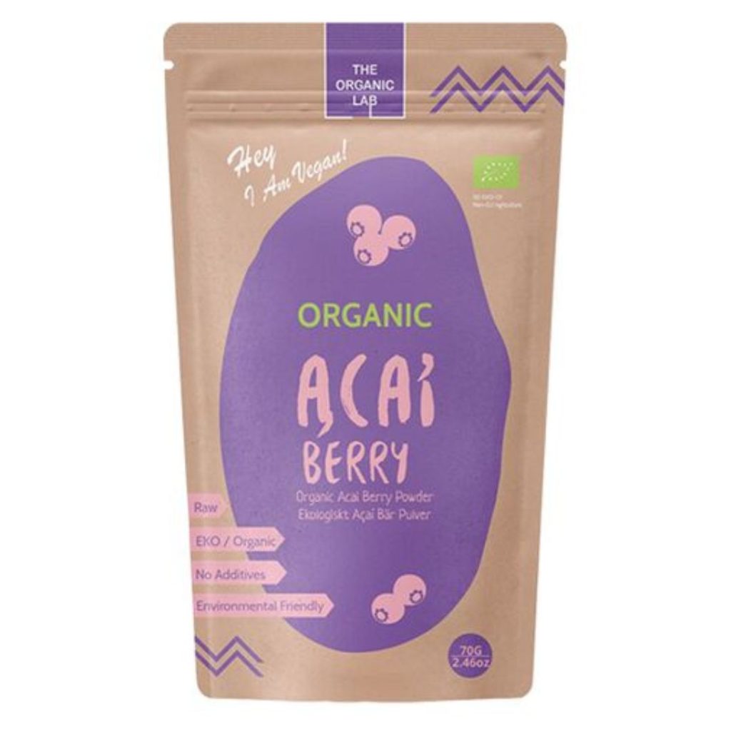 Økologisk acai berry powder fra The Organic Labs i farverig brun og lilla emballage.