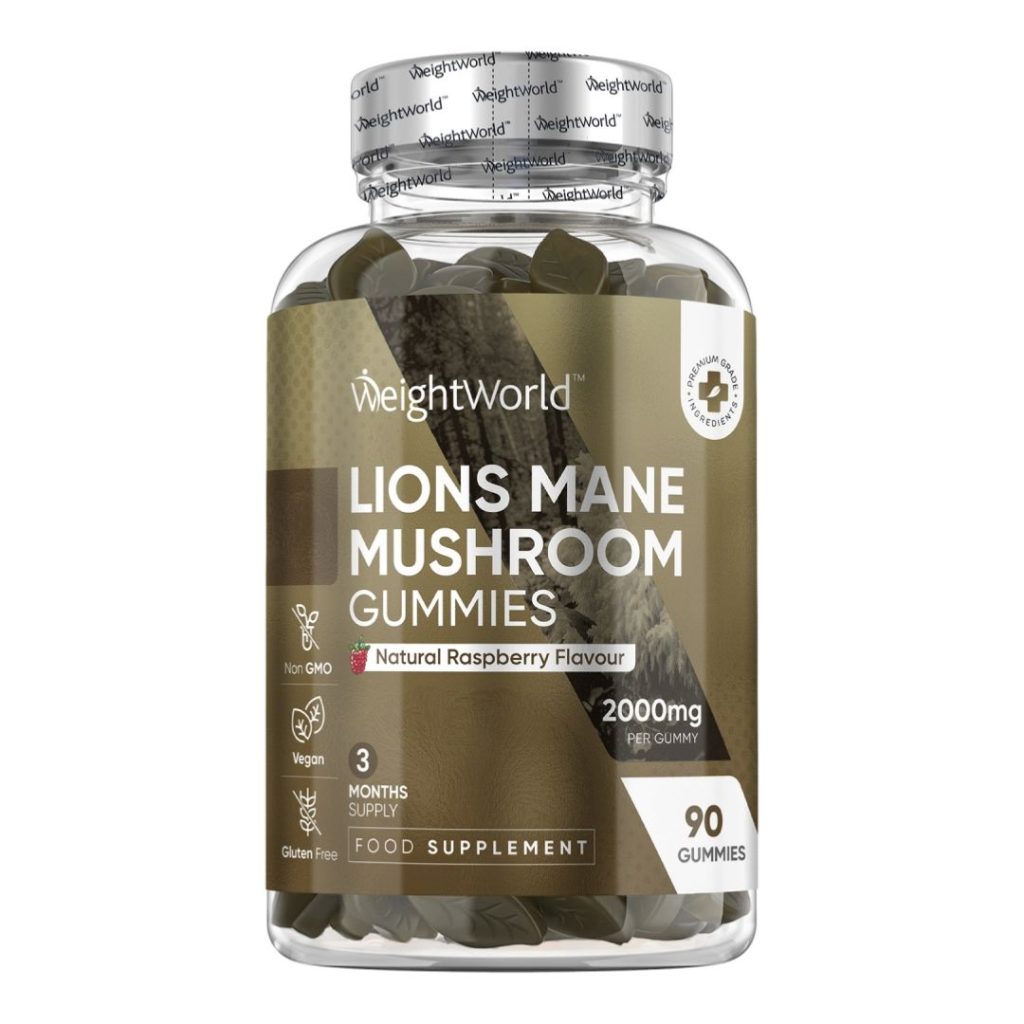 WeightWorld Lion’s Mane Mushroom Gummies med hindbærsmag, 2000 mg pr. vingummi.
