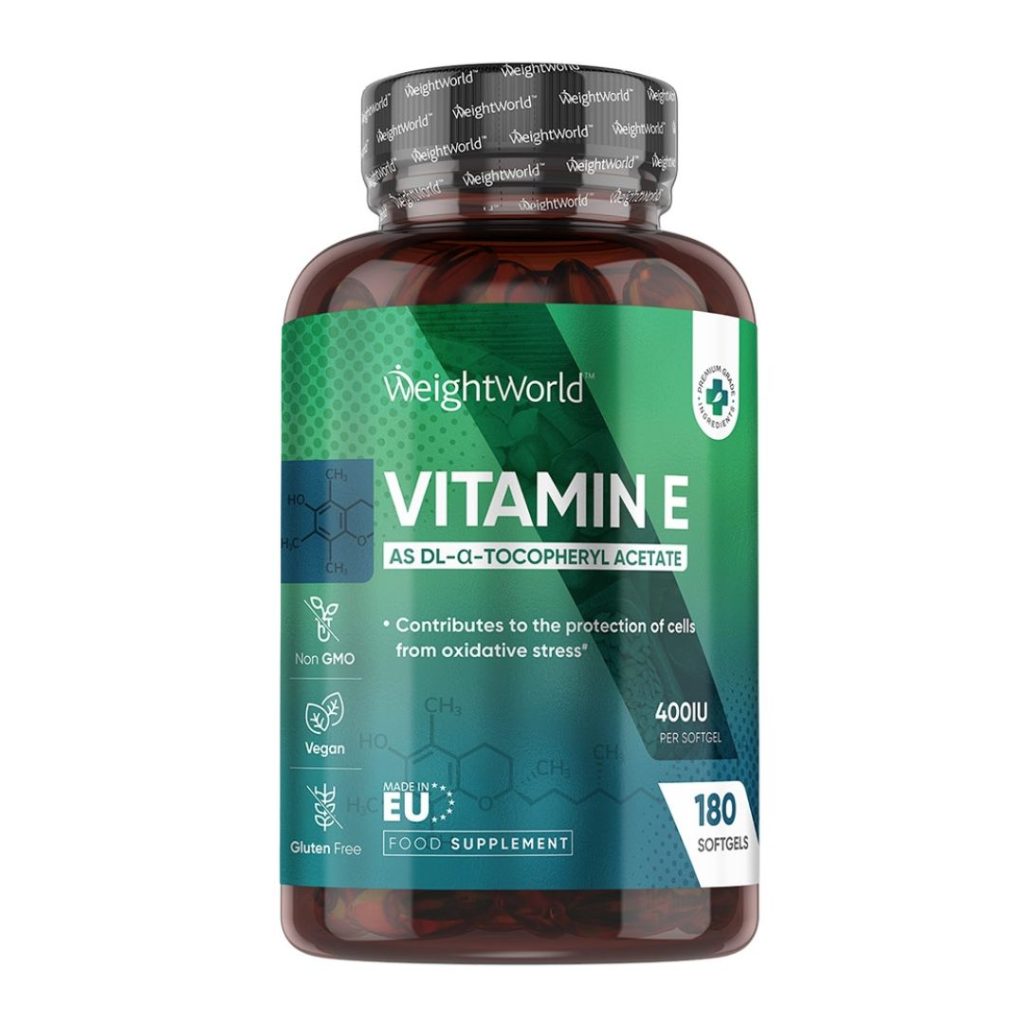 Plastflaske med grøn etiket, der viser "WeightWorld Vitamin E 400 IU – 180 softgels".