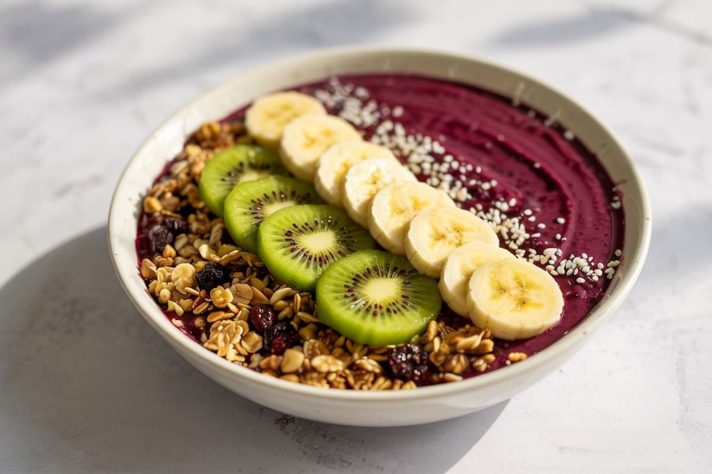 En farverig acaibowl med banan, kiwi, granola og hampfrø.