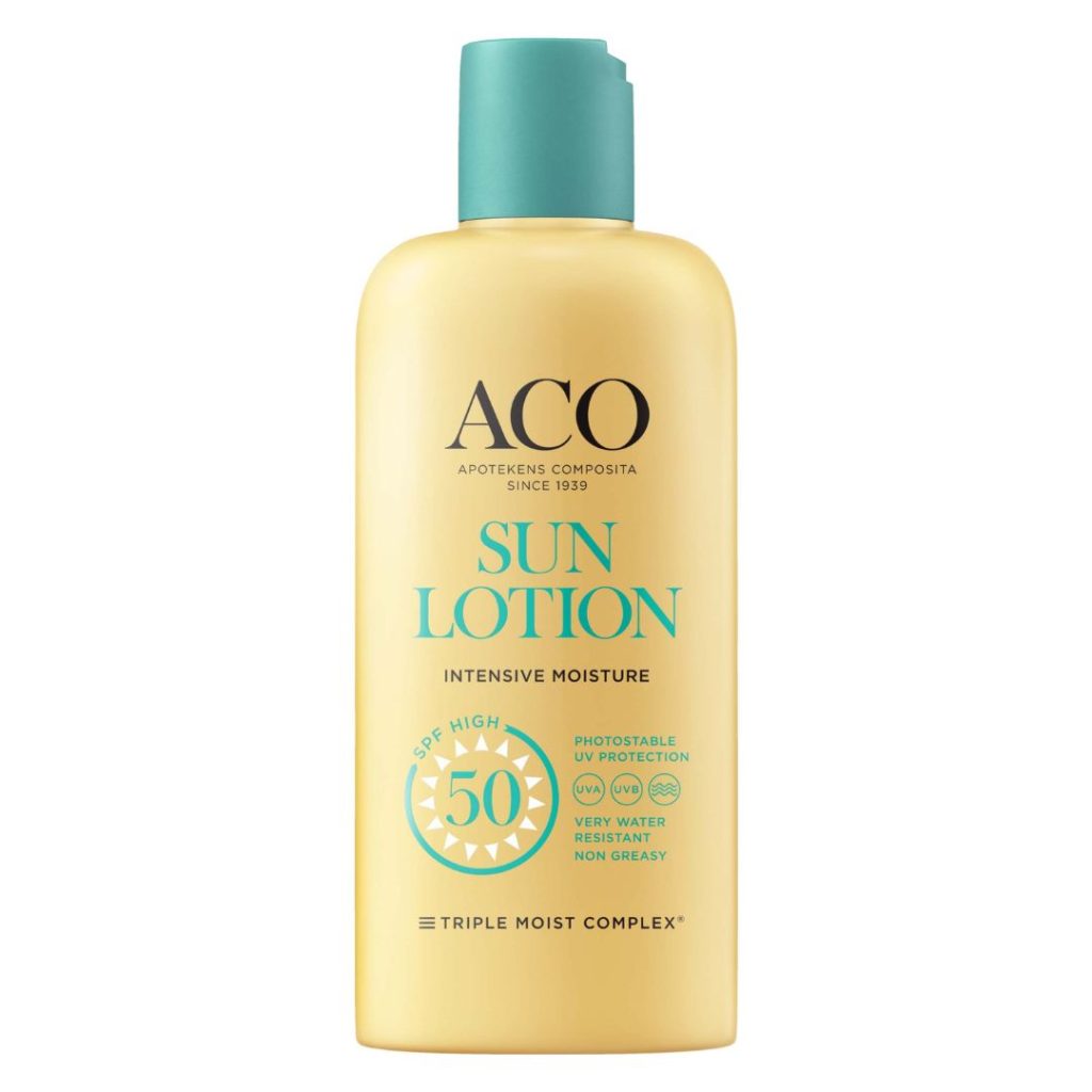 ACO Sun Lotion SPF50 i gul flaske med blå hætte.